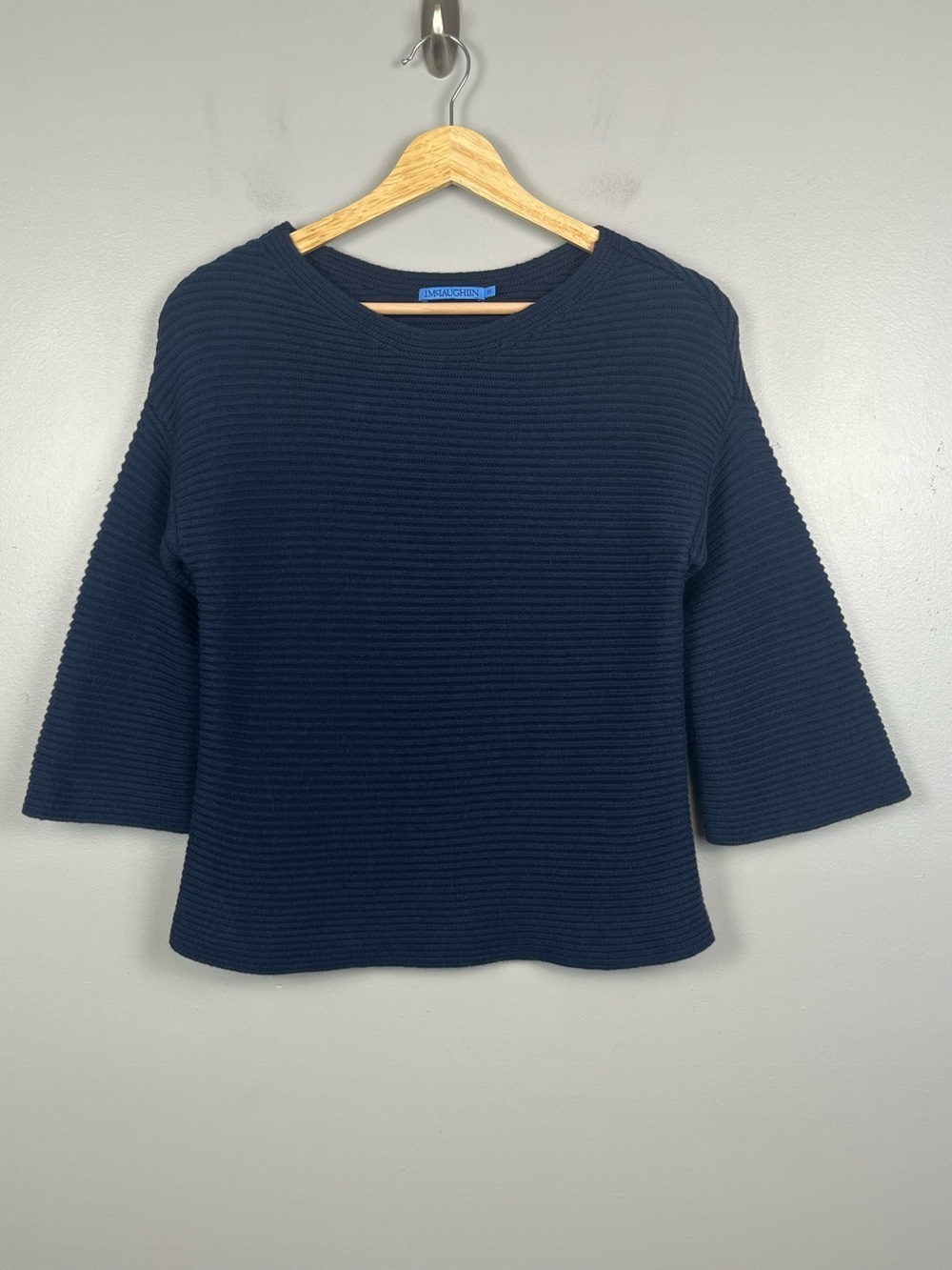 J.McLaughlin navy cotton nylon horizontal ribbed knit bell sleeve sweater, XS.